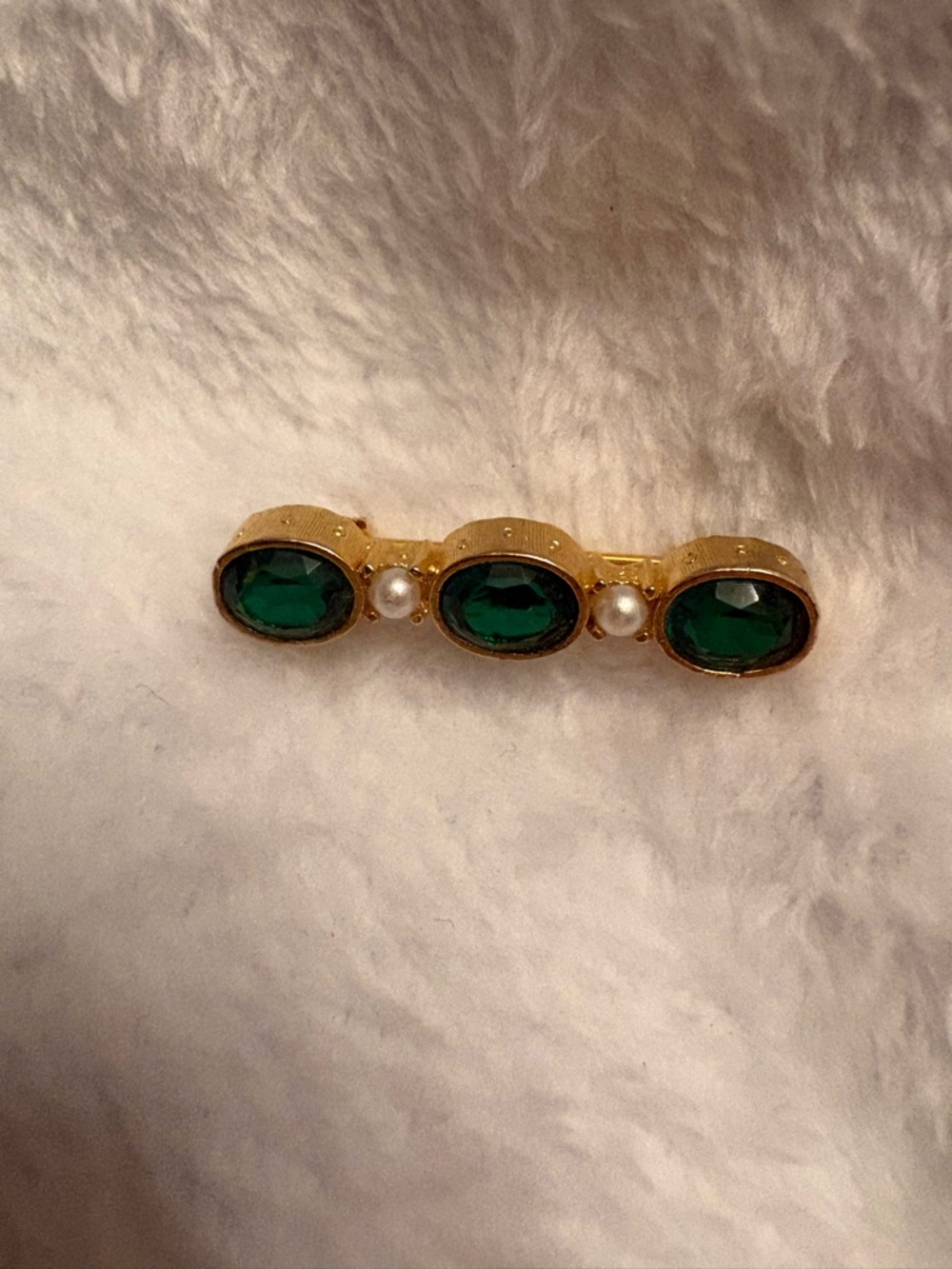 Gold Bar Pin with Emerald Green Stones and Pearl Accents